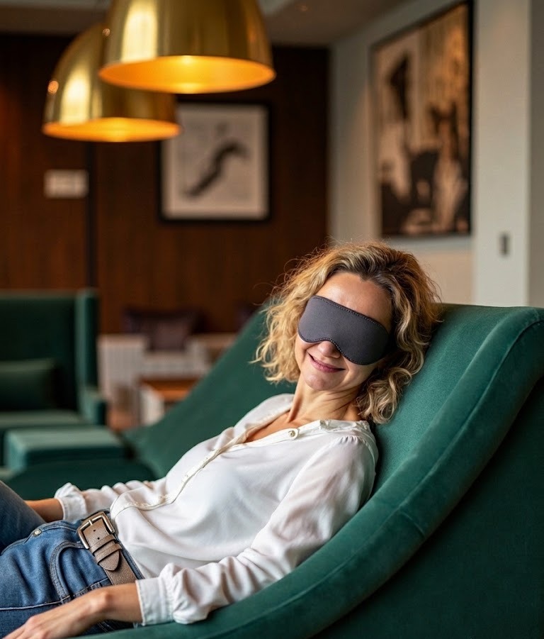 Frau mit Schlafmaske entspannt in einem grünen Lounge-Sessel