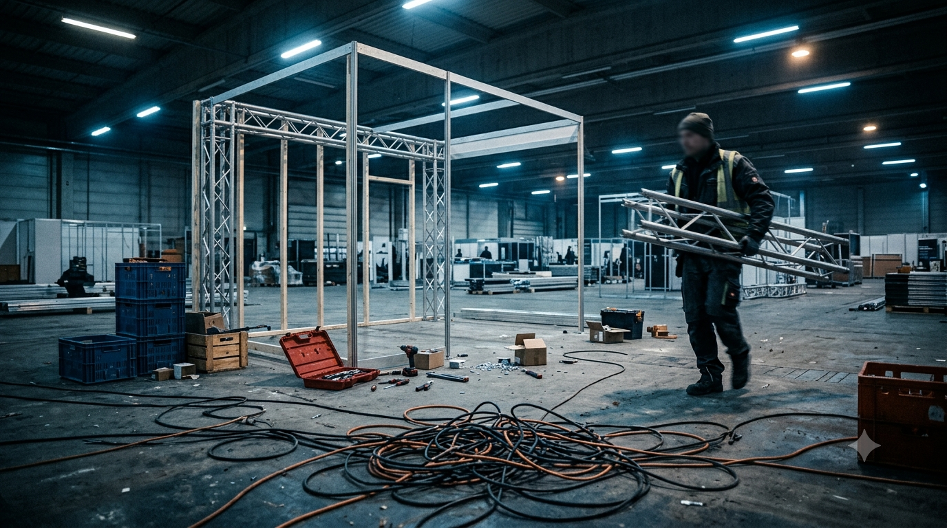 Messeaufbau in einer Halle mit Gerüst, Werkzeugen, Kabeln und einem Arbeiter, der schwere Traversen trägt – Sinnbild für Doppelbelastung und chronischen Stress im Berufsalltag