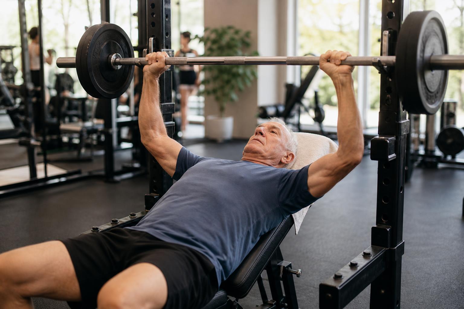 Älterer Mann trainiert konzentriert an der Hantelbank im Fitnessstudio